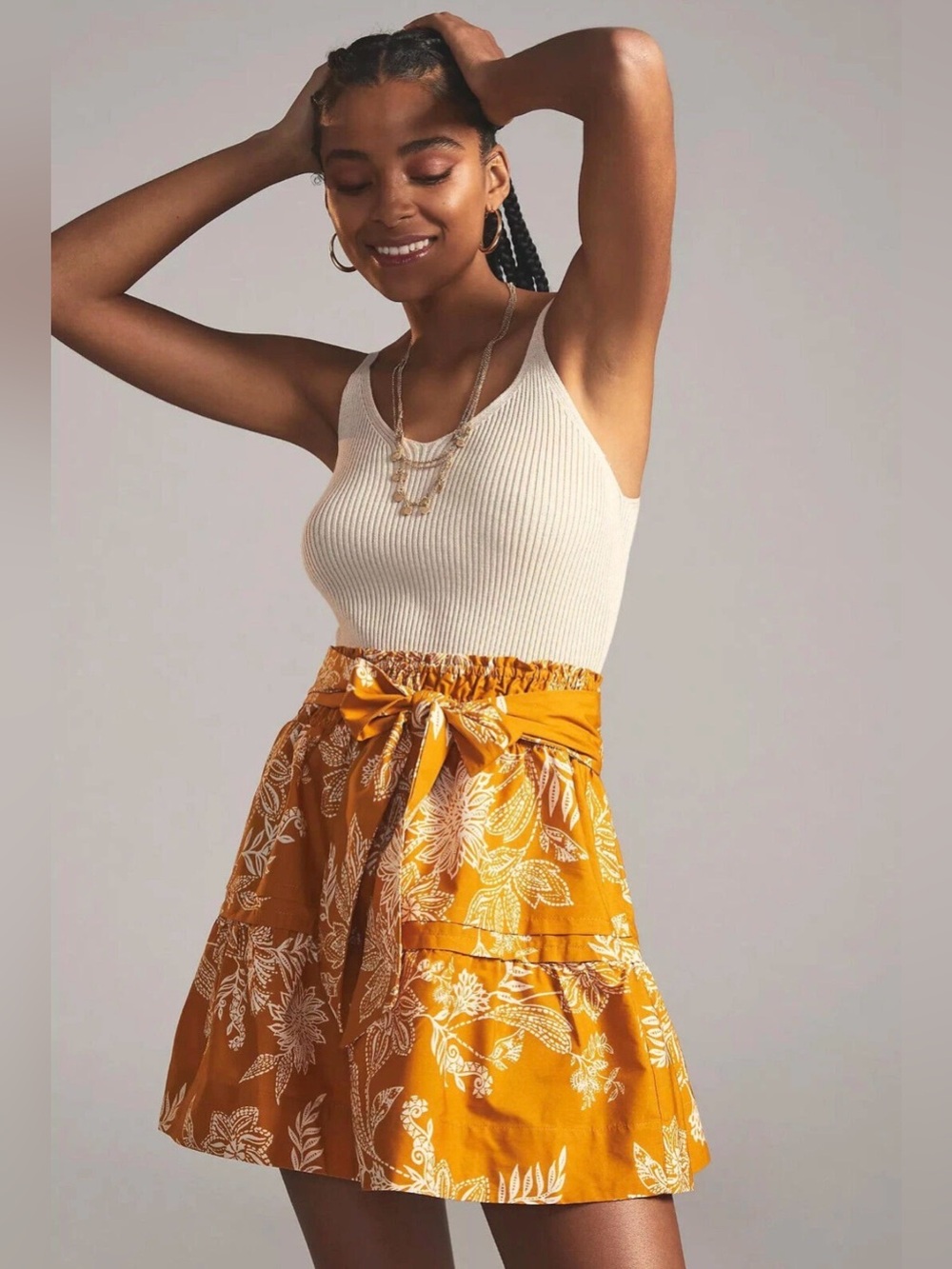 Anthropologie Somerset Mustard Yellow White Floral Tiered Mini Skirt